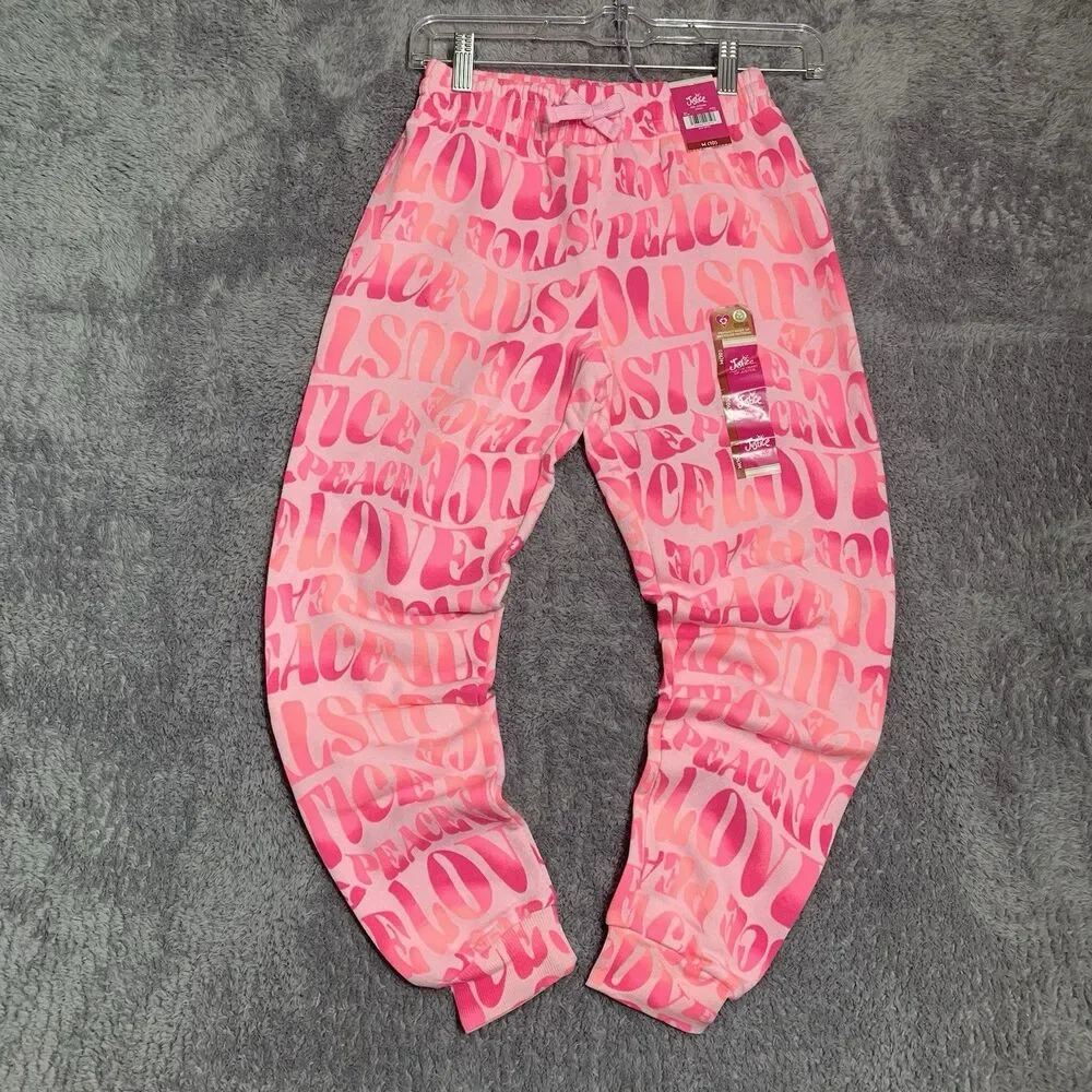 Justice Joggers Girls Size M 10 Pink Peace Love Justice Graphic Fleece NWT